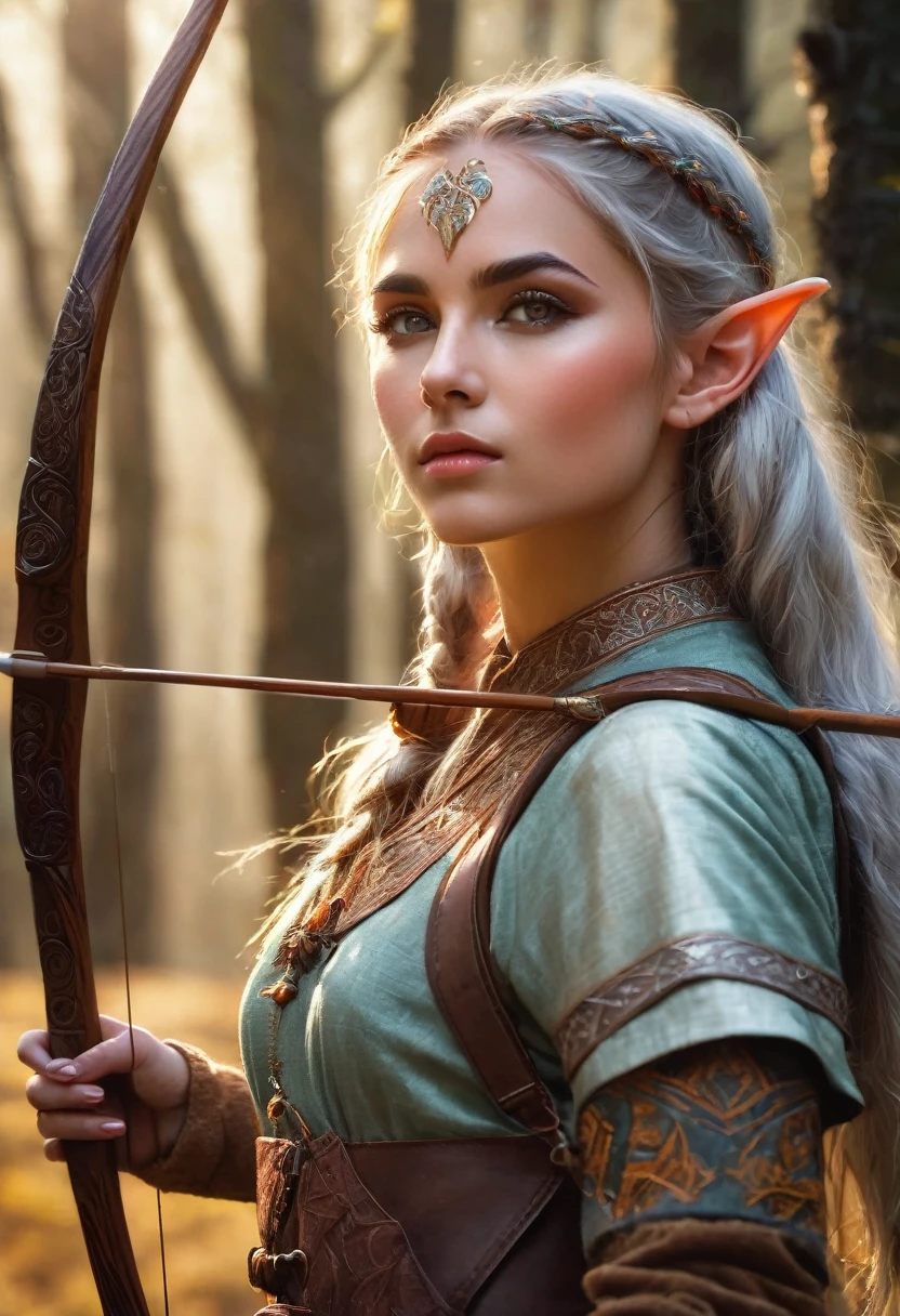Detailed portrait of female elf archer, Beautiful and delicate eyes, ((Full body photo 1.7)) Beautiful and delicate lips, Extremely detailed eyes and face, Long eyelashes, Perfect skin, Intricate Fantasy Costumes, Holding a long bow, She carried her quiver, Forest Background, sunlight through the trees, dramatic lighting, warm color palette, Detailed texture, Film composition, masterpiece, Surreal, Realistic, 8k, high quality