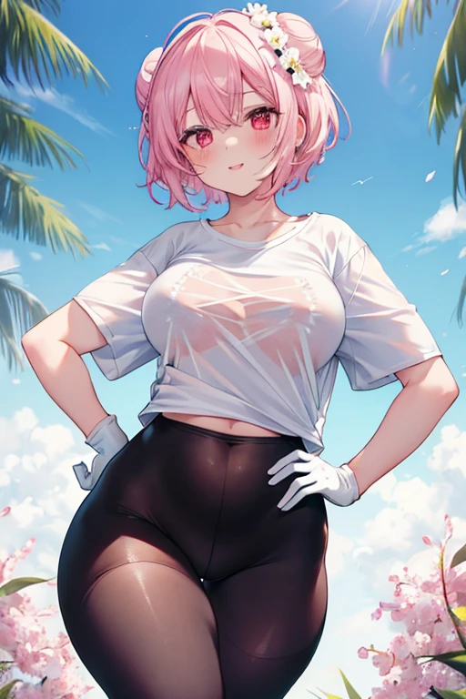 tmasterpiece、Need、1 female student、White cloth bun bun bun、The chest is large、chubbiness、ssmile、Black suspender tights、lace leggings、pale pink lip、posing at school，（drenched all over the body），legs are open， 独奏, looking at viewert,  (Thigh thick:1.0),Yazawa Nico,red eyes, face flushed,Blunt hair,Flower headdress，short hair，Hands on Hips，White lace vest，Bare arms，White gloves，(t-shirt:1.8)，Big breasts，Big butt，Pussy crack