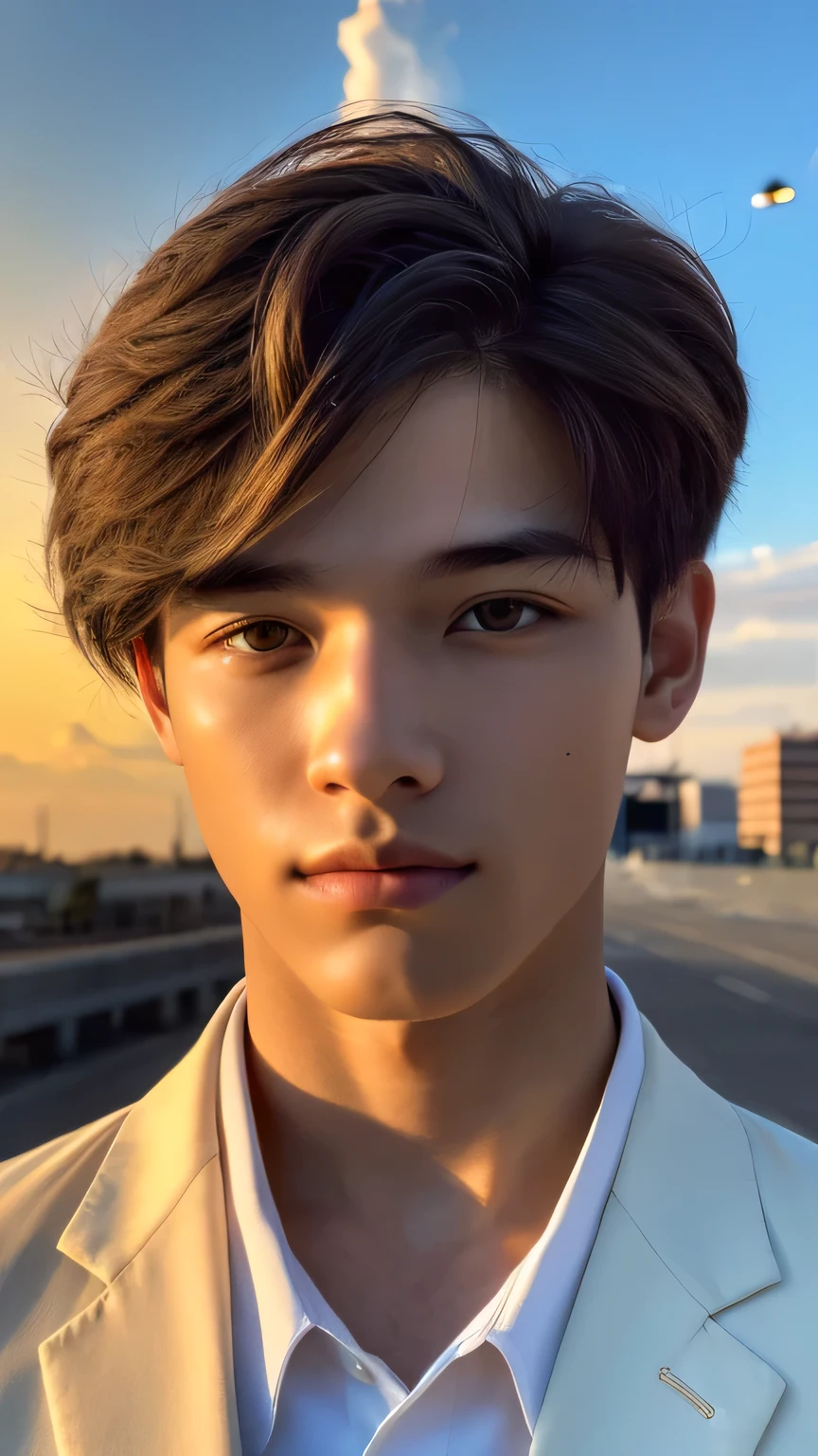 Highest quality, masterpiece, Ultra-high resolution, (Realistic: 1.4), Original photo, wallpaper, Head Photo, skin, Simple Background, Iris, detailed, Selfie, 1 boy, 18-year-old, good looking, Wind,suit、Sunset