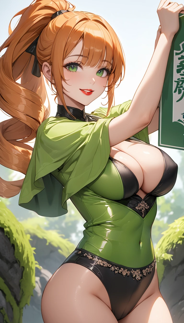 a close up of a woman smiling while holding up a sign, 1girl, holding sign, sign, 独奏, arms up, holding, (Highest quality,4K,8k,High resolution,masterpiece:1.2),Very detailed,32-year-old woman、(((Mature Woman))), (((Mature Woman))), Best Bust、Large Breasts, Beautiful Eyes、Orange Hair、Moss green eyes、Red lips, ((ponytail)), (Drill Hair), ((amount)),  Very cute face, Glossy Lips, Double eyelids on both eyes,Natural smile、Tight waist、Sexy ass、Natural Makeup, Long eyelashes, Shiny and smooth hair、whole body、Shallow depth of field