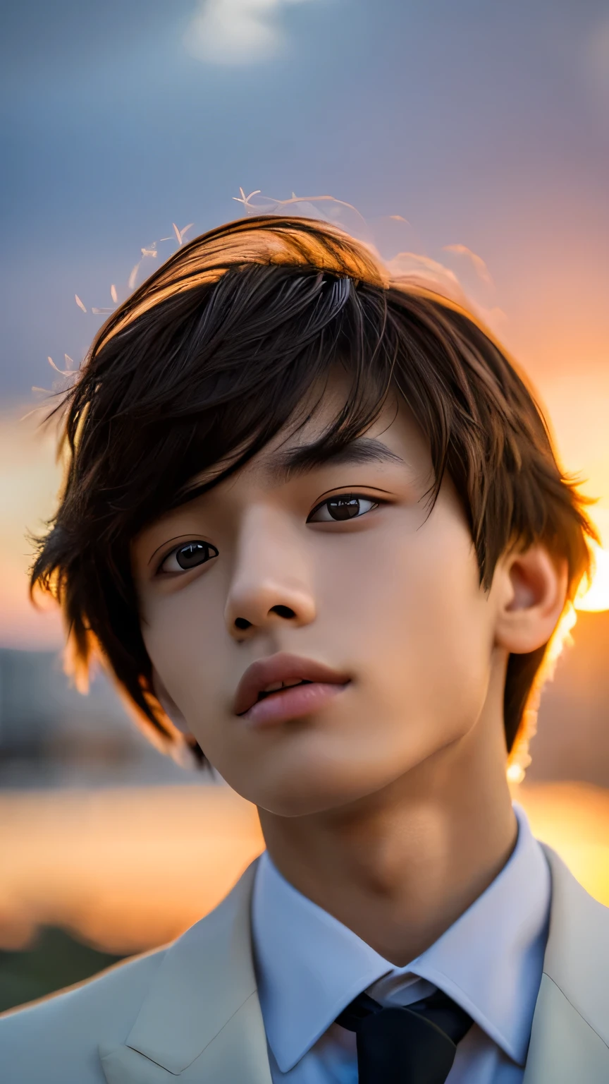 Highest quality, masterpiece, Ultra-high resolution, (Realistic: 1.4), Original photo, wallpaper, Head Photo, skin, Simple Background, Iris, detailed, Selfie, 1 boy, 18-year-old, good looking, Wind,suit、Sunset