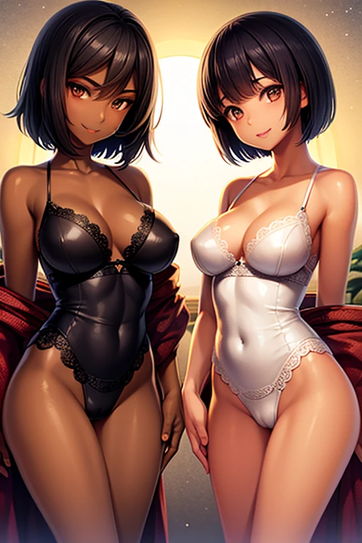 highest quality、Realistic、Women、Black Hair、Light brown eyes、short hair、Blue Lingerie、Tanned dark skin、Tan Skin、Dark Skin、Large Breasts、smile、slender、Moonlit Night、Japanese-style room、Summer blanket、Bust Shot