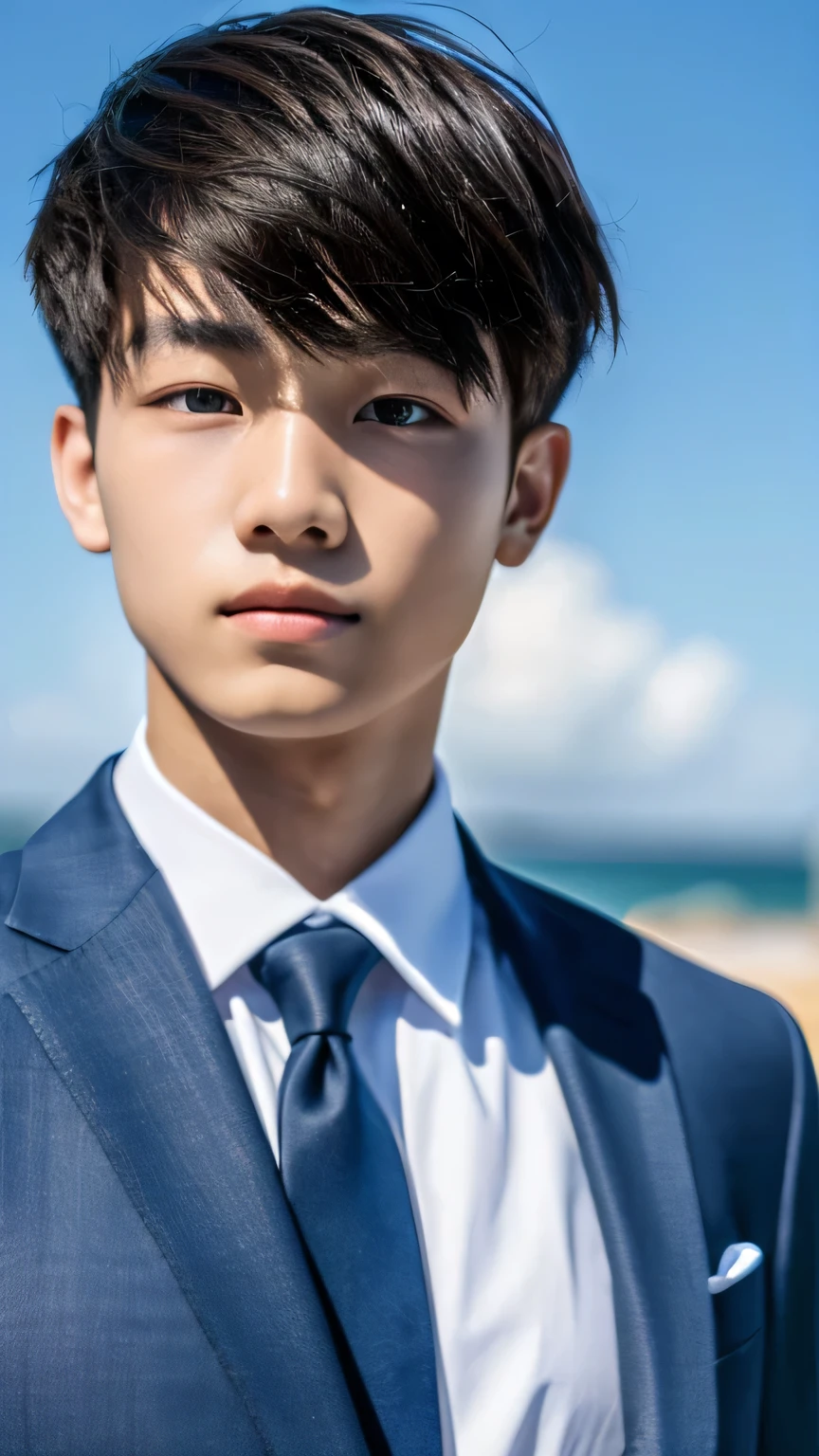 Highest quality, masterpiece, Ultra-high resolution, (Realistic: 1.4), Original photo, wallpaper, Head Photo, skin, Simple Background, Iris, detailed, Selfie, 1 boy, 18-year-old, good looking, Wind,suit、Ocean