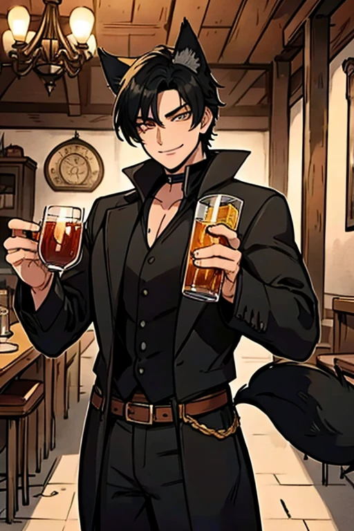 Perfect face. Perfect hands. A black haired male cowboy with golden eyes and black fox ears and a black fox tail in a sheriff's outfit is drinking in a saloon with a big smile