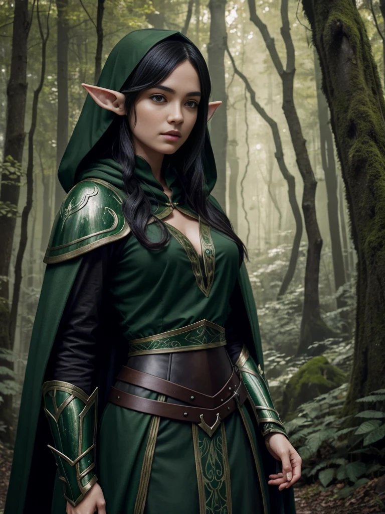 cute forest elf, Nice face, Good shape, black hair, Wear armor, Green cloak, in the woods, 8k, Very detailed, Surrealism