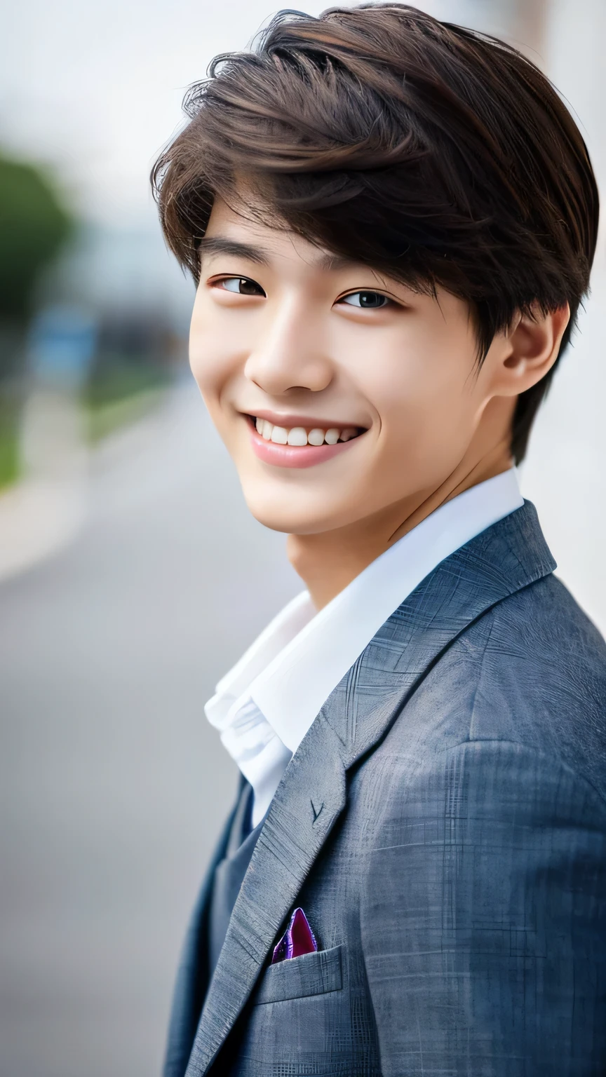 Highest quality, masterpiece, Ultra-high resolution, (Realistic: 1.4), Original photo, wallpaper, Head Photo, skin, Simple Background, Iris, detailed, Selfie, 1 boy, 18-year-old, good looking, Wind,suit、Smile