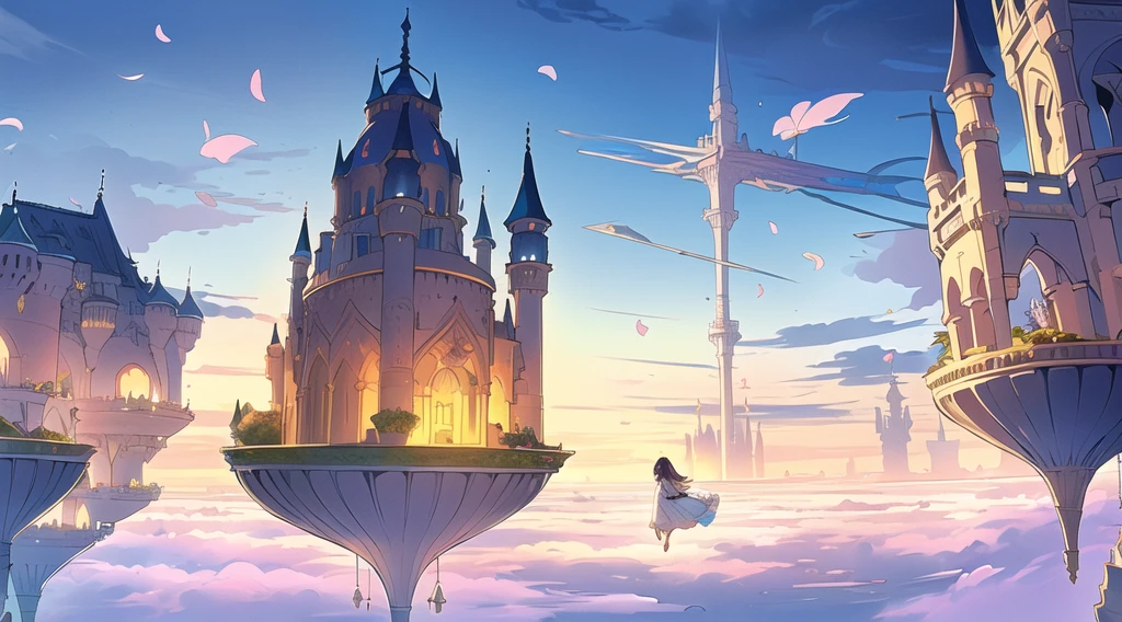 (Extremely detailed floating city:1.3), ((1 detailed mirage-castle floats above the clouds)and(Detailed floats minarets illusion, detailed floats belfry illusion)and(Highly transparent mirage)and(Detailed view of the base of the Mirage castle)),ultra-detailed,extremely detailed and beautiful, sky and white cloud and sunset glow background,ultra-detailed birds, (floating city in bloom, Floating petals, blooming gardens in the sky, many vines on the wall:1.2)
Imagination, dream
/=
1 girl, (1 girl at floating city:1.3), (solo), (Super wide Angle lens), (back), behind head, white dress, (full body), (bare feet), (Backless dress), the girl away from camera, Holy Light,