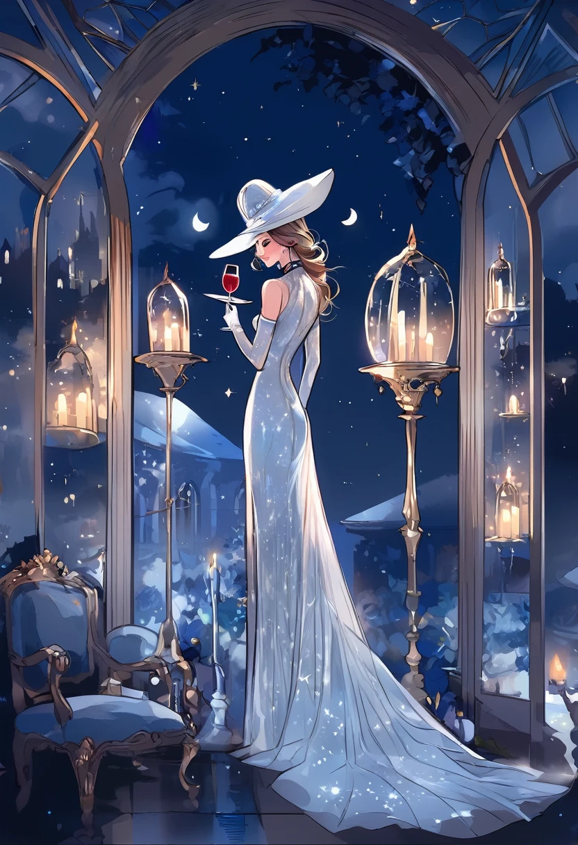 hat, a girl in transparent long dress, full moon, elbow_gloves,stiletto_heels, candles, wine_glass