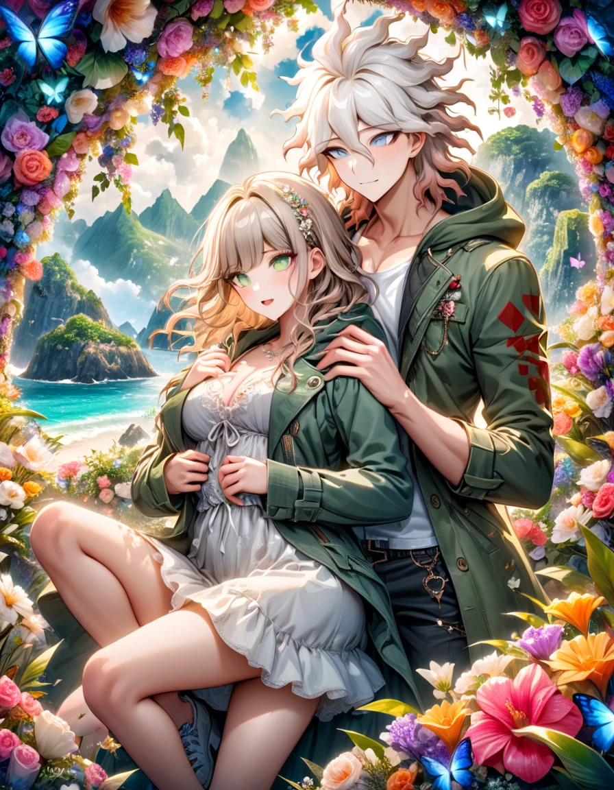 Ultra detailed, HDR, Highres, absurdres, master piece, Aida, ash blonde hair, expressive green eyes, Komaeda Nagito, white hair, expressive green-gray eyes, green coat with hoodie, white shirt, Danganronpa 2, flowers, butterflies, fantasy, magical, green leaves, summer, a beautiful woman together with a handsome man, couple, love, sensual, island