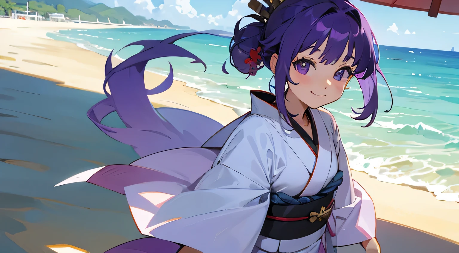 summer, beach, kimono, purple hair, smile, japanese girl