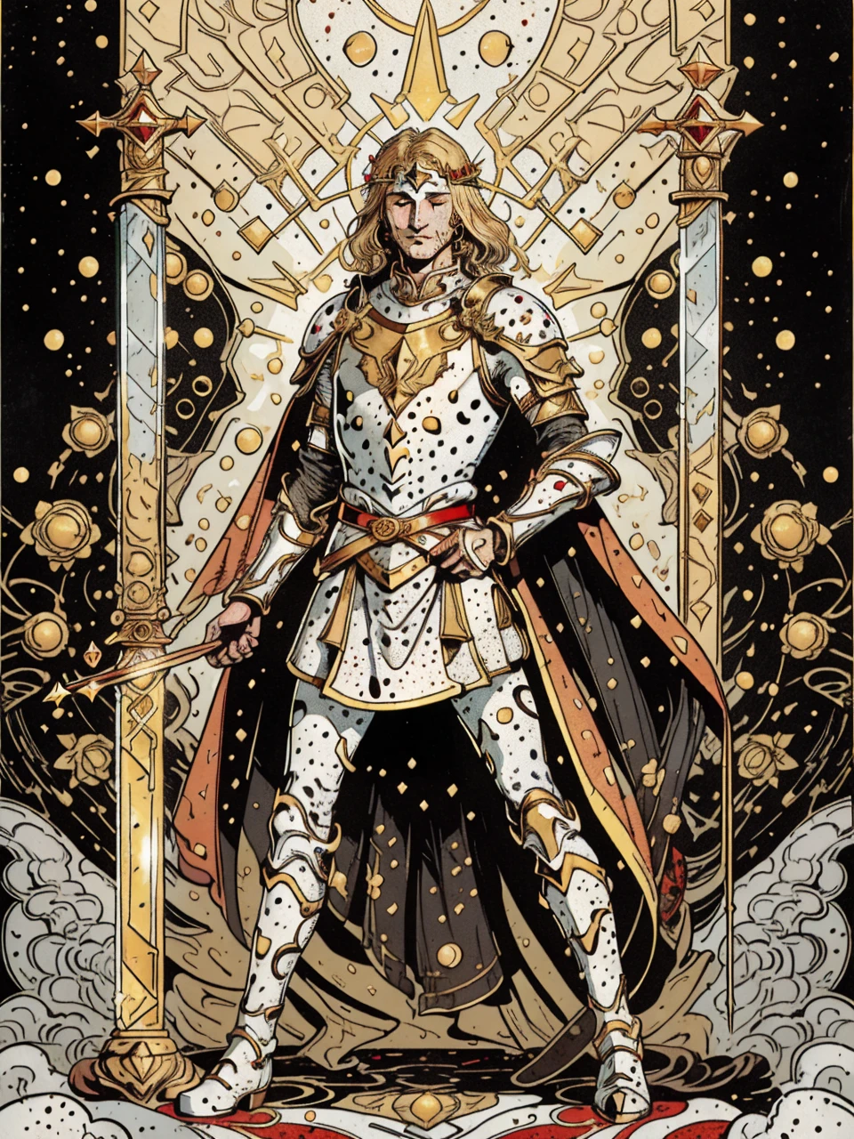 (masterpiece, best quality:1.2),illustration art,work of art,Kusama Yayoi's style,1 men, grown-up, medium blonde hair, Oh sleep \(tarot\), wearing a red and gold armor,white cape,golden gloves,white boots,holding a sword,symbolism,visual artwork, occult, universal,Vision casting, philosophical, iconography, numerology, Popularity,artistic,Alfons Mucha, (((Speckled pattern))),white,yellow,