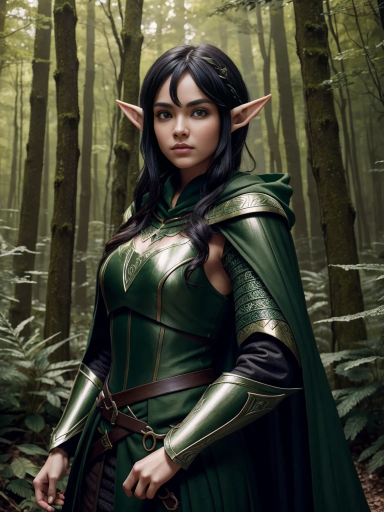 cute forest elf, Nice face, Good shape, black hair, Wear armor, Green cloak, in the woods, 8k, Very detailed, Surrealism