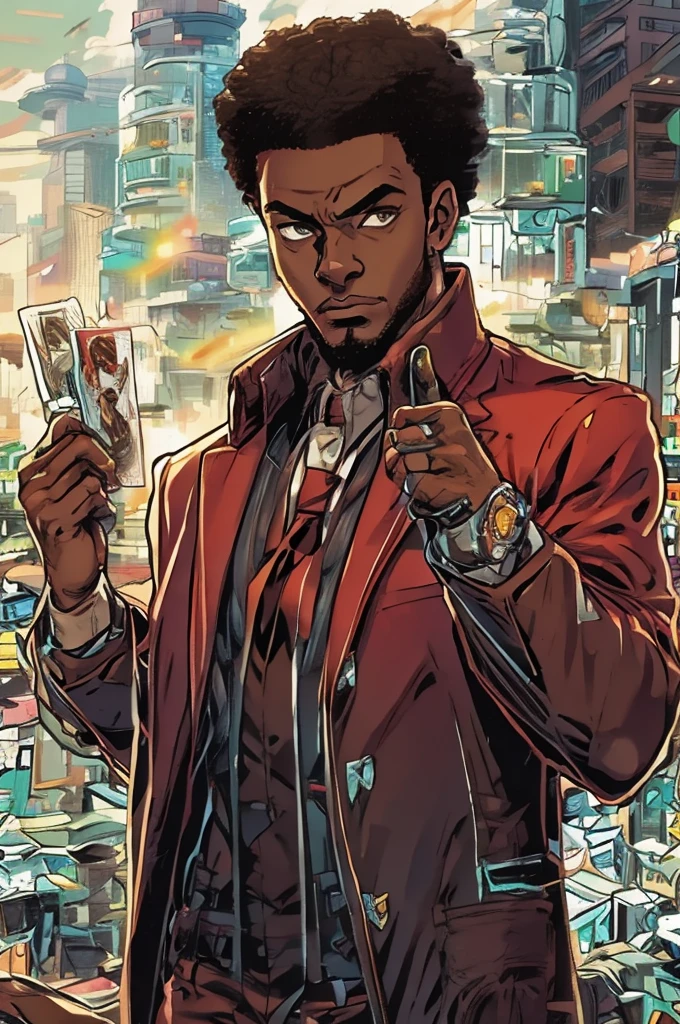 Half body Image of a man in a white suit and red tie holding a card,. He wears mobster style clothing such as fancy trenchcoat, suit jacket with business tie underneath an red vest, smug expression, smirking (((brown:1.3, red:1.3,black:1.2, white:1.2))), short curly hair, faded haircut