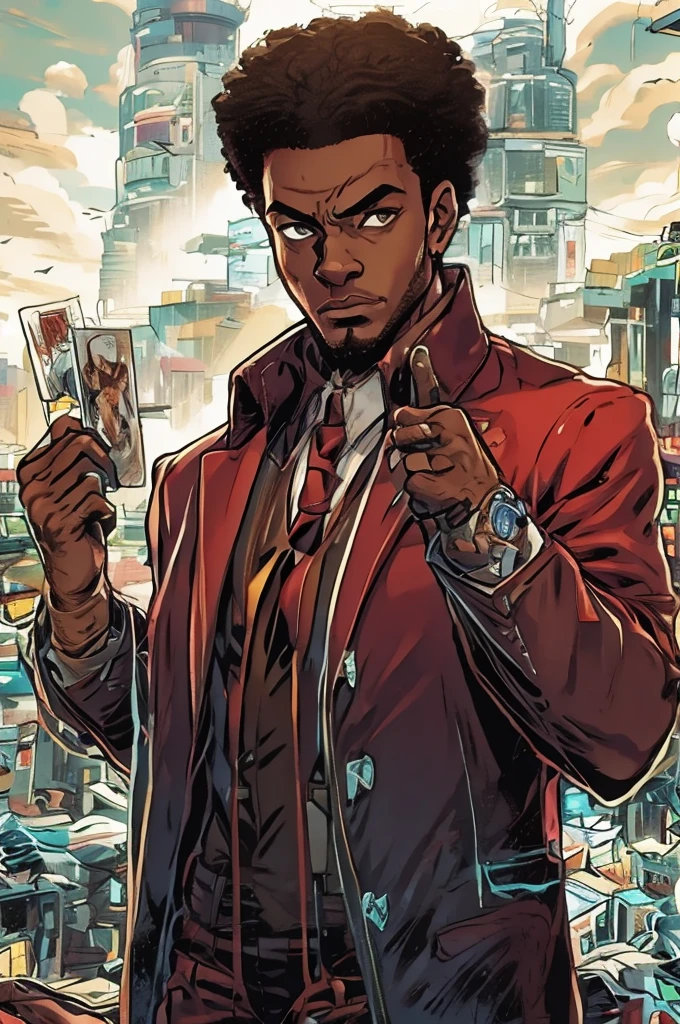 Half body Image of a man in a white suit and red tie holding a card,. He wears mobster style clothing such as fancy trenchcoat, suit jacket with business tie underneath an red vest, smug expression, smirking (((brown:1.3, red:1.3,black:1.2, white:1.2))), short curly hair, faded haircut