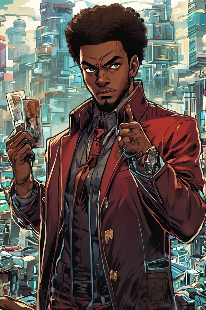 Half body Image of a man in a white suit and red tie holding a card,. He wears mobster style clothing such as fancy trenchcoat, suit jacket with business tie underneath an red vest, smug expression, smirking (((brown:1.3, red:1.3,black:1.2, white:1.2))), short curly hair, faded haircut