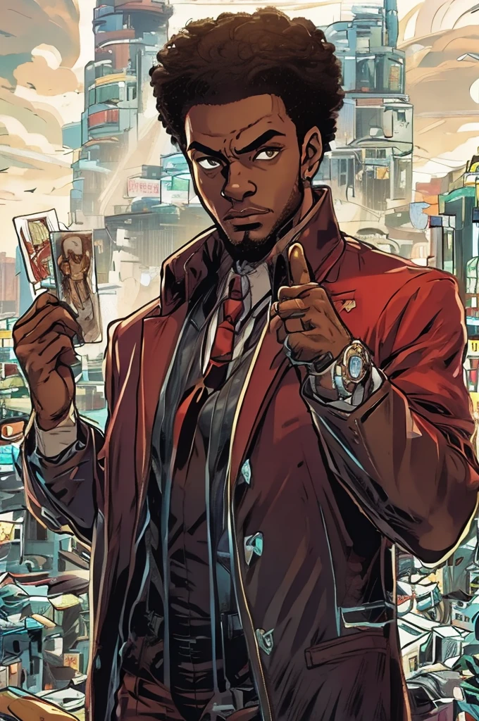 Half body Image of a man in a white suit and red tie holding a card,. He wears mobster style clothing such as fancy trenchcoat, suit jacket with business tie underneath an red vest, smug expression, smirking (((brown:1.3, red:1.3,black:1.2, white:1.2))), short curly hair, faded haircut