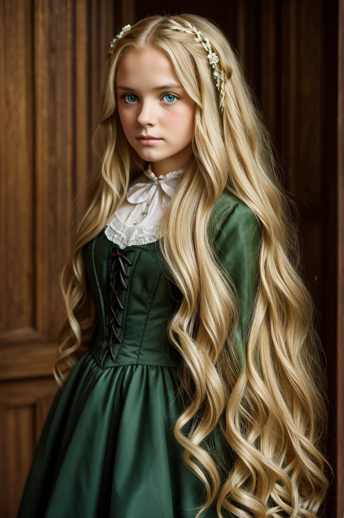 Blonde girl long wavy blonde hair, green eyes, sad, Victorian era dress