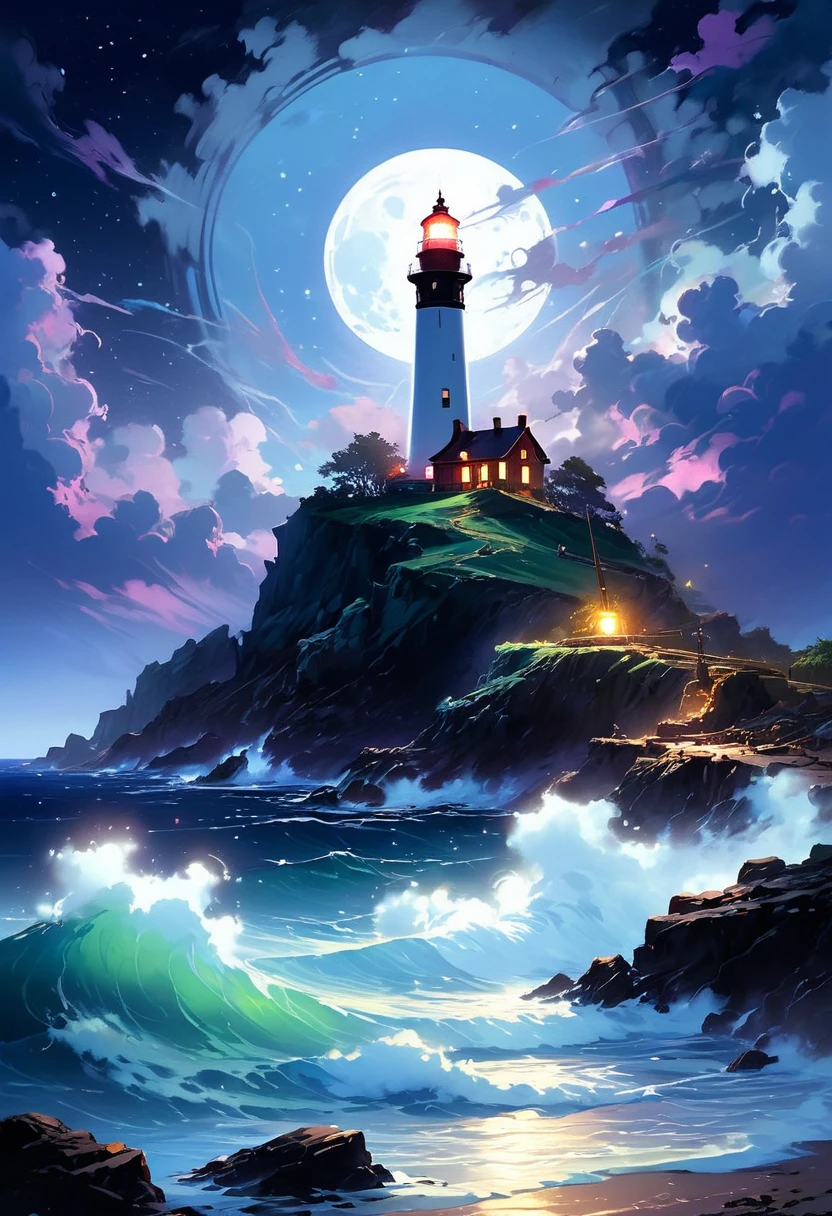 Under the eerie glow of a full moon, a dark and ominous landscape unfolds. A vibrant, colorful ship stands by the edge of a serene ocean, its vivid hues contrasting starkly with the foreboding atmosphere. In the background, a lighthouse stands atop jagged rocks, its light cutting through the darkness and reflecting off the ocean's surface, glistening in the moonlight. Thick, swirling clouds loom overhead, adding to the sense of an evil presence. The moonlight filters through the clouds, casting an otherworldly glow over the scene. A falling star streaks across the sky, adding a touch of mysticism to the night. The air is thick with a sense of ancient secrets and dark magic, as if the very night is alive with hidden power. [romantic impressionism,dream scenery art,beautiful oil matte painting,romantic,style of thomas kinkade,beautiful digital painting,anime landscape,romantic painting,dreamlike digital painting,colorful painting,beautiful gorgeous digital art,style of greg rutkowski,janek sedlar,jenny saville:0] 