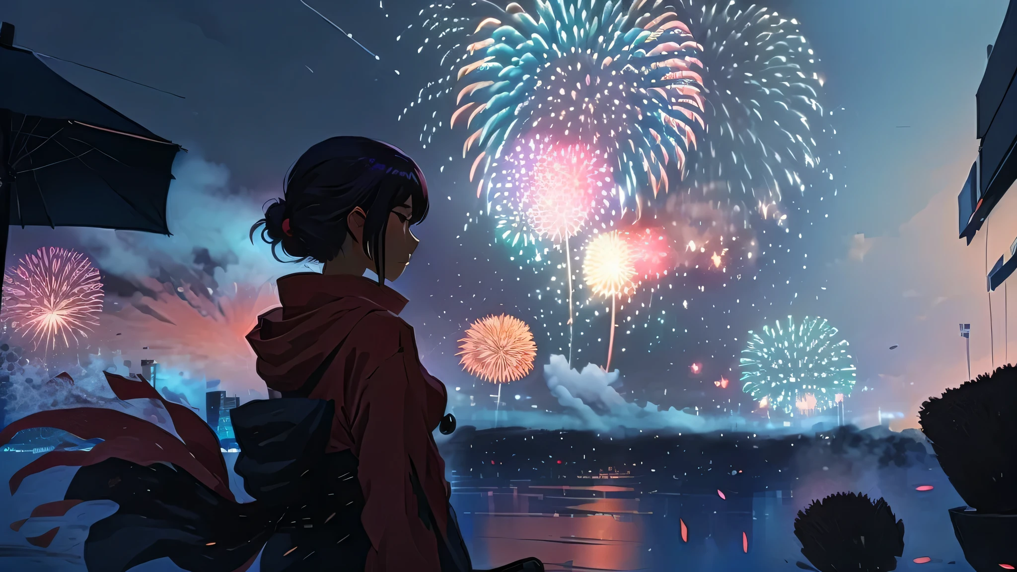 anime girl with umbrella looking at fireworks in the sky, firework, fireworks in the background, fireworks, [ fireworks in the sky ]!!, Inspired by Shinsui Ito, Anime atmosphere, fireworks in background, Gweiz-style artwork, Conrad Rothe and Makoto Shinkai, Beautiful artwork illustration, Anime-style artwork, Anime Style 4k