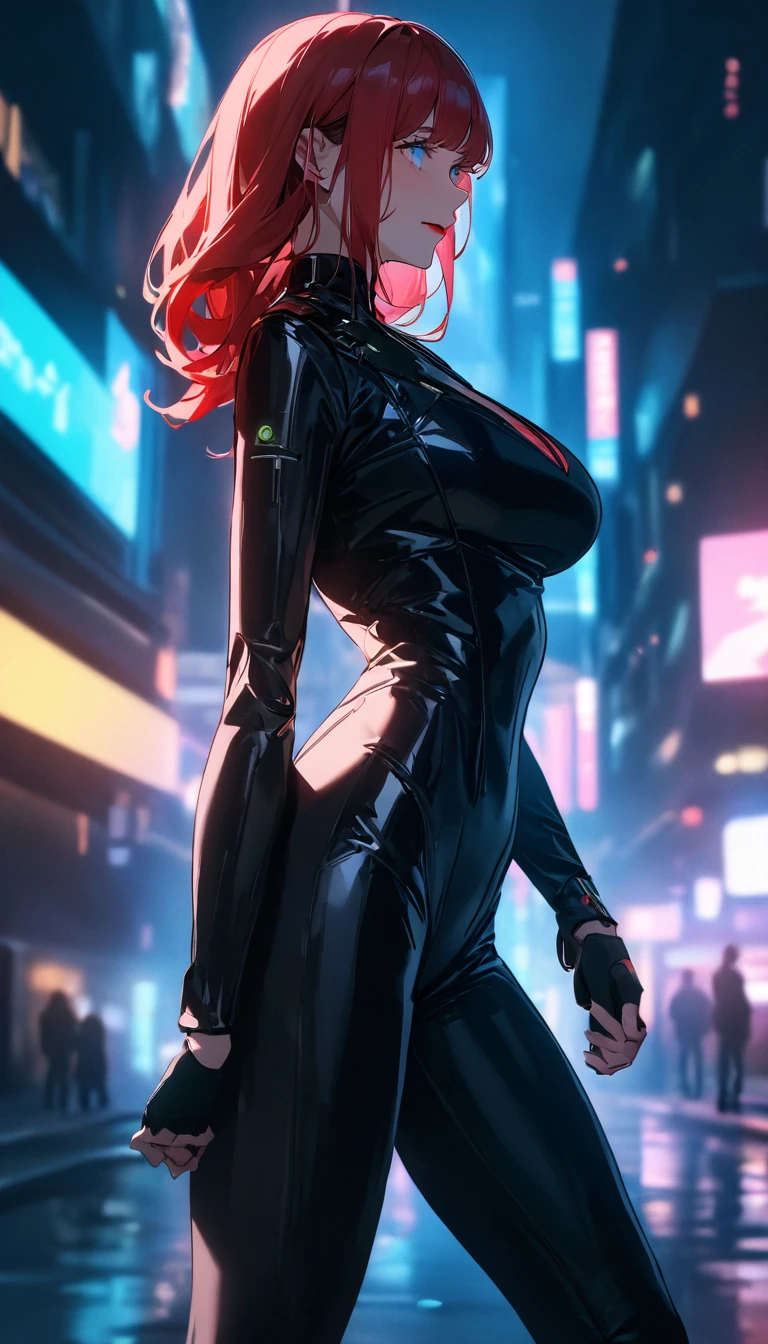best quality、masterpiece、1 名girl、black background、Red lips, Standing，Slightly sideways，Show your feet，Black leather boots，best quality, 高分辨率 masterpiece , girl ,Large Breasts. very long red hair , ((Shining blue eyes)) , slope , Perfect body , ( Technical clothing:1.2) , Cyberpunk , Get your gun ready?.future , Modern , in Cyberpunk city, A faint smile , Delicate face ,, , (8K, 最high quality 1.2), Very detailed, 8K uhd,, Soft lighting, high quality, Film Grain, (Movie:1.4) ,Perfect body , Optimal lighting, Best shadow, sharpest, Compared,