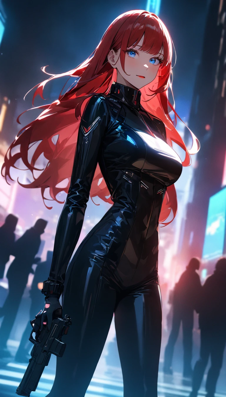 best quality、masterpiece、1 名girl、black background、Red lips, Standing，Slightly sideways，Show your feet，Black leather boots，best quality, 高分辨率 masterpiece , girl ,Large Breasts. very long red hair , ((Shining blue eyes)) , slope , Perfect body , ( Technical clothing:1.2) , Cyberpunk , Get your gun ready?.future , Modern , in Cyberpunk city, A faint smile , Delicate face ,, , (8K, 最high quality 1.2), Very detailed, 8K uhd,, Soft lighting, high quality, Film Grain, (Movie:1.4) ,Perfect body , Optimal lighting, Best shadow, sharpest, Compared,