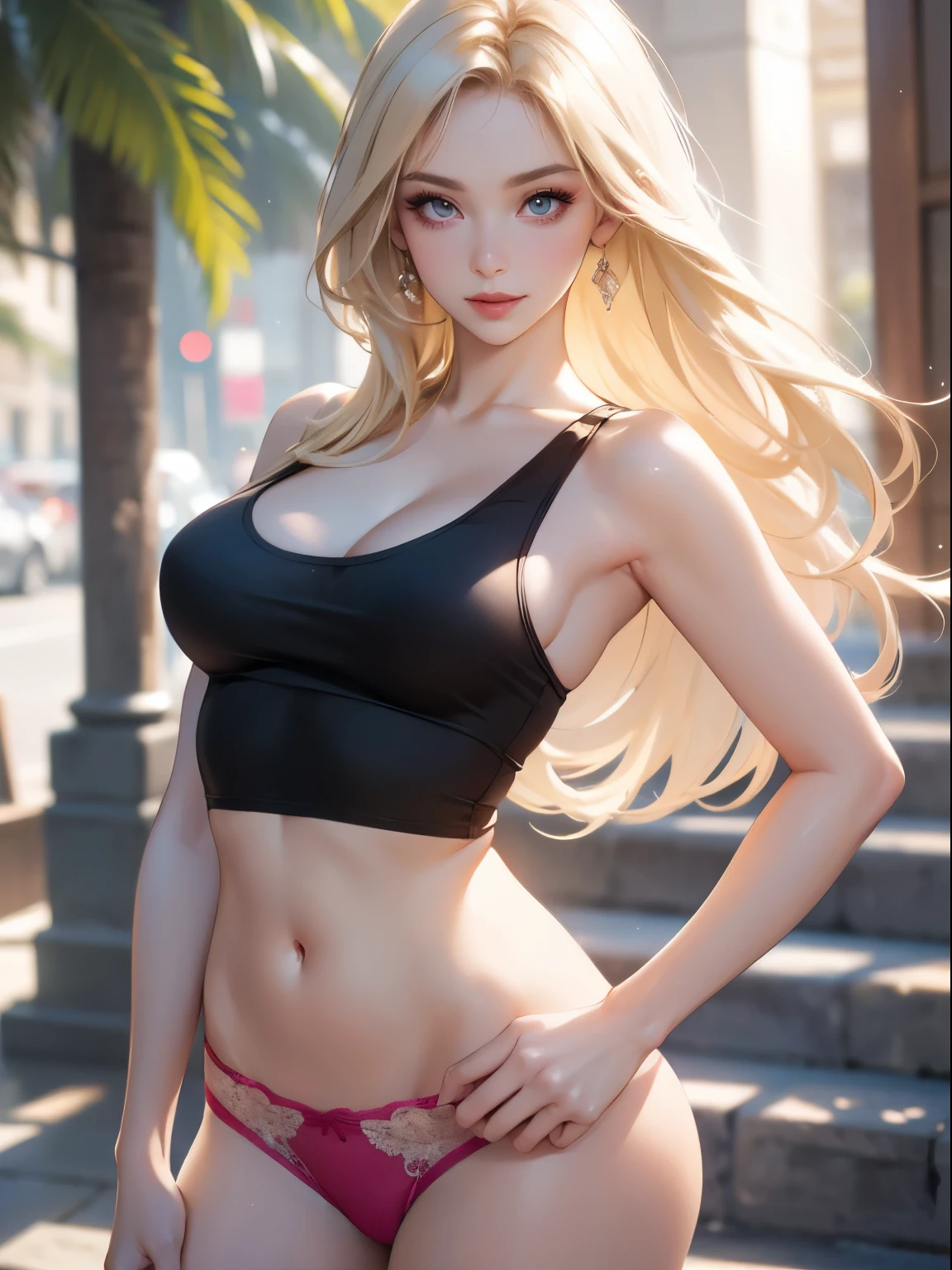 (best quality), (ultra detailed), (photorealistic:1.37), 1 woman, sensual expression, elegant makeup, long blonde hair, seductive eyes, shiny lips, sexy pose, (beautiful face detailed: 1.0), smiling, focus feminine, tank top, fitted t-shirt, bare shoulders, bare midriff, pink thong, standing, walking, park in the background, looking at viewer,
