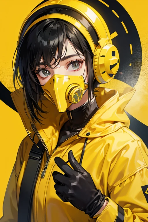 Smiling black-haired mature woman wearing yellow radiation protection suit at nuclear power plant　gloves　gas mask　Full Face Helmets　boots