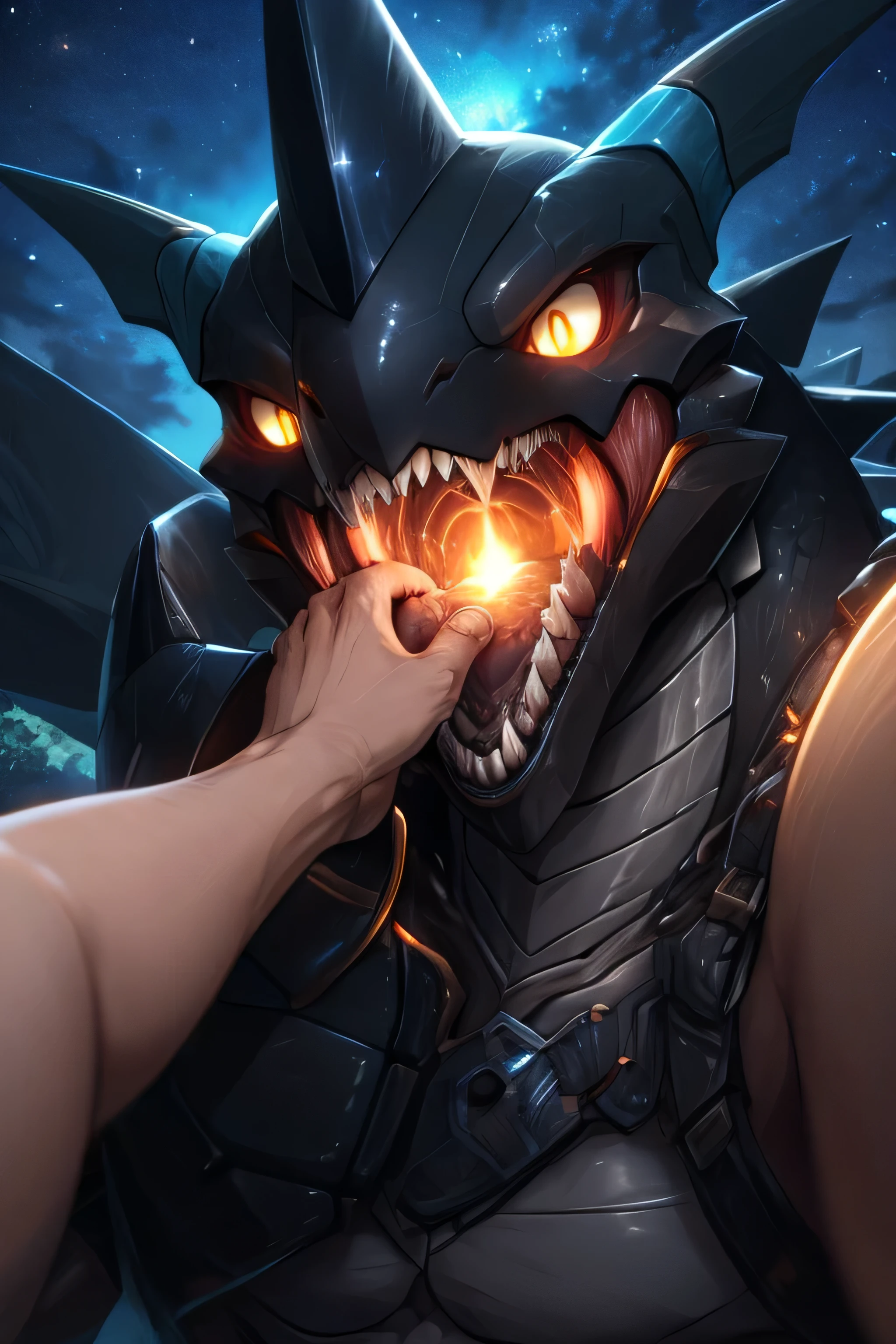 [Zekrom.cool.(((Zekrom&#39;s Hand.Zekrom&#39;s Arm.Selfie.View here.)))naked.Wild.Sharp teeth.Huge body.Physical Difference.muscular.Scales.chest.Close-up of face.Wide open mouth.Very close.In the mouth.tongue.saliva.throat.Detailed throat.Saliva is pulling the strings.Very close.prey.Swallowed Whole.Close-up of face.Big yellow eyes.][(((Five-fingered human hand.Human arm.Hands reaching to mouth.)))]nature.force.Uplifting.night.Starry Sky.Atmospheric darkness.(((Very dark.darkness.)))(masterpiece.Highest quality.)