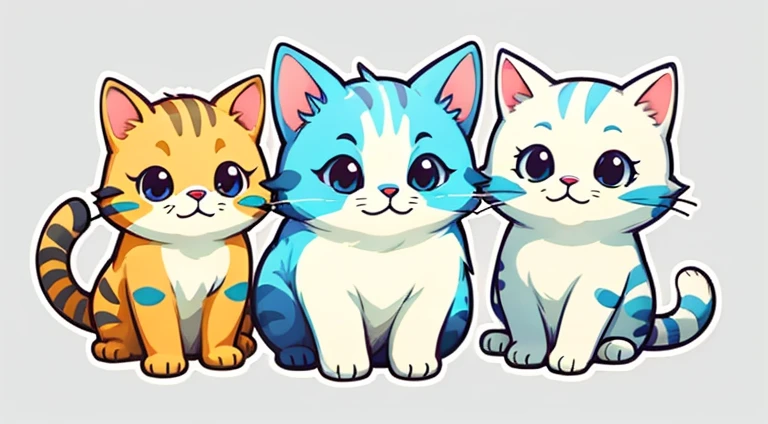 Generate an image with thick outlines，There are a group of cute watercolor style cats. The background should be simple, Minimum, Rendered in vector style with soft colors.