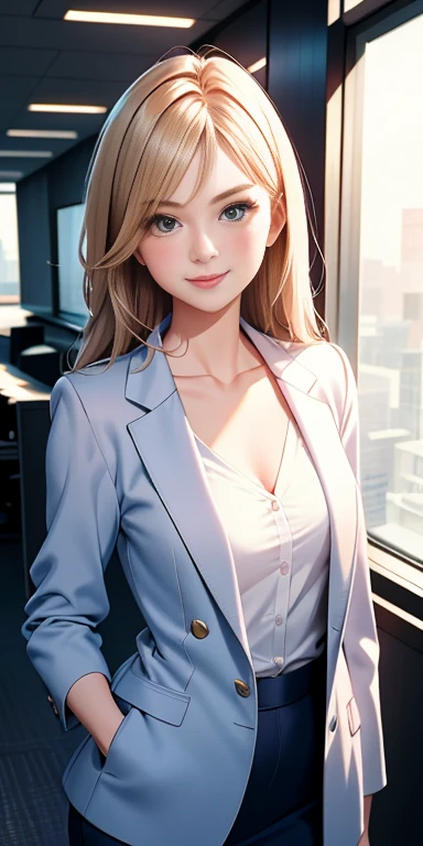 1 girl,Attractive office lady,28 years old, I let go of your lips, blush, create, smile, blazer,No tie,Office Casual, light, Shine, Hip, clavicle, Slender figure, small waist, (masterpiece), wallpaper,