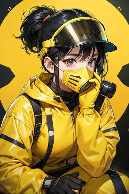 Smiling black-haired mature woman wearing yellow radiation protection suit at nuclear power plant　gloves　gas mask　Full Face Helmets　boots　visor