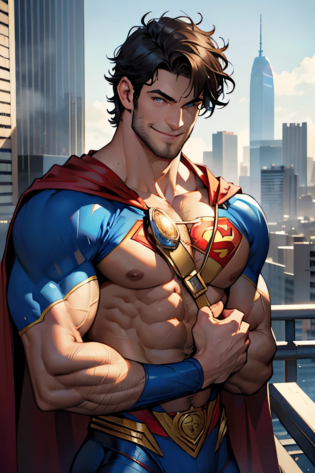 Superman, high resolution, 1 superhero, Classic, Square jawline, Tight blue suit, Muscular, Short curly hair, Focus on chest, Detailed musculature, Hyperrealistic eyes, Hyperdetailed facial features, (All body hair: 1.2), (Short hair: 1.2), (Bulging muscles), (Open chest), (Smiling: 1.2), Perfect lighting, (Wearing cape: 1.2), Flying pose, (Superpose against a cityscape)
