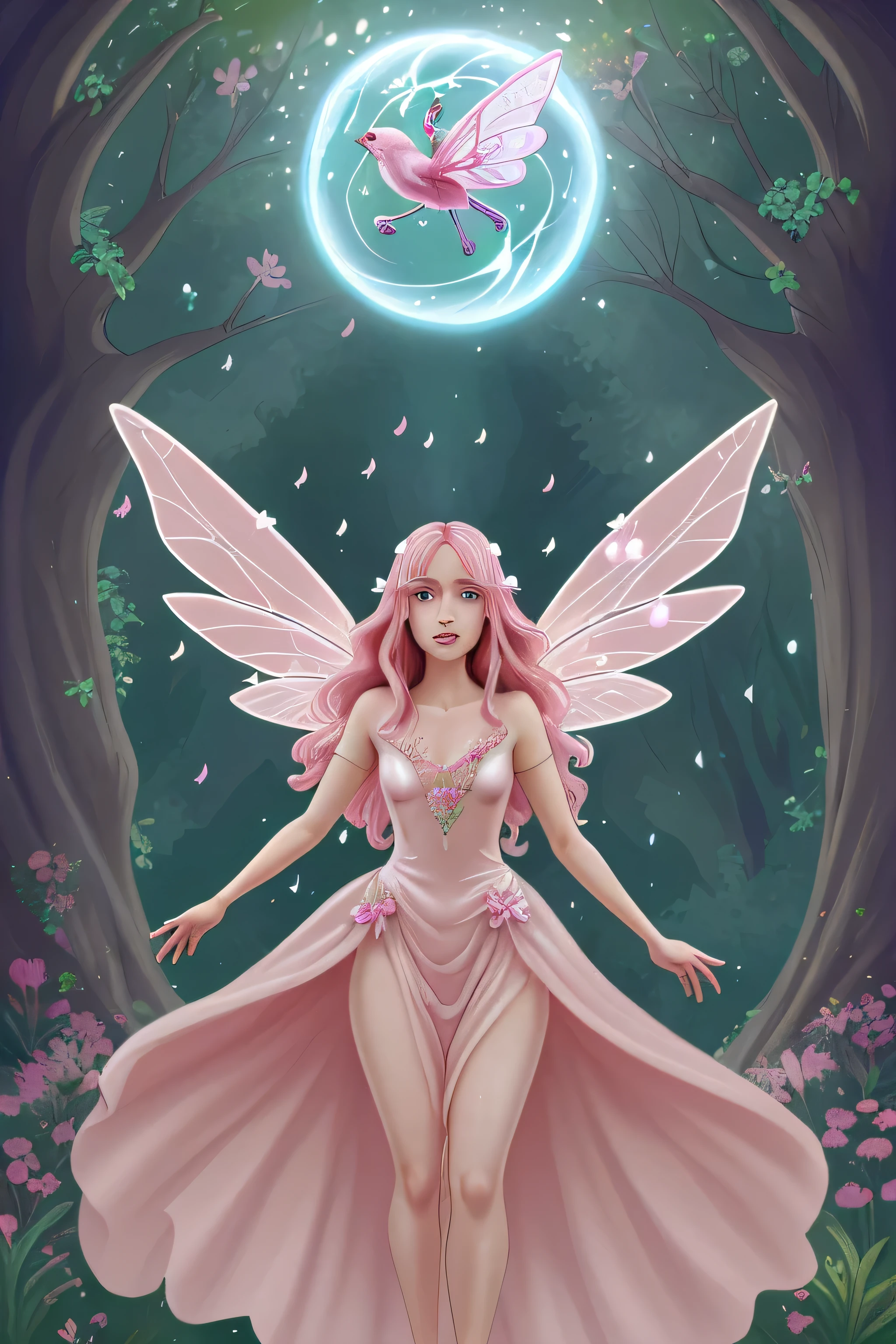 comic about Animation of a Fairy with wings and shiny dress, long pink hair and fire powers and mind reading in a Fairy planet, trees and flowers, water, smell sweet and fresh, magic animals, soft sound of the birds and songs