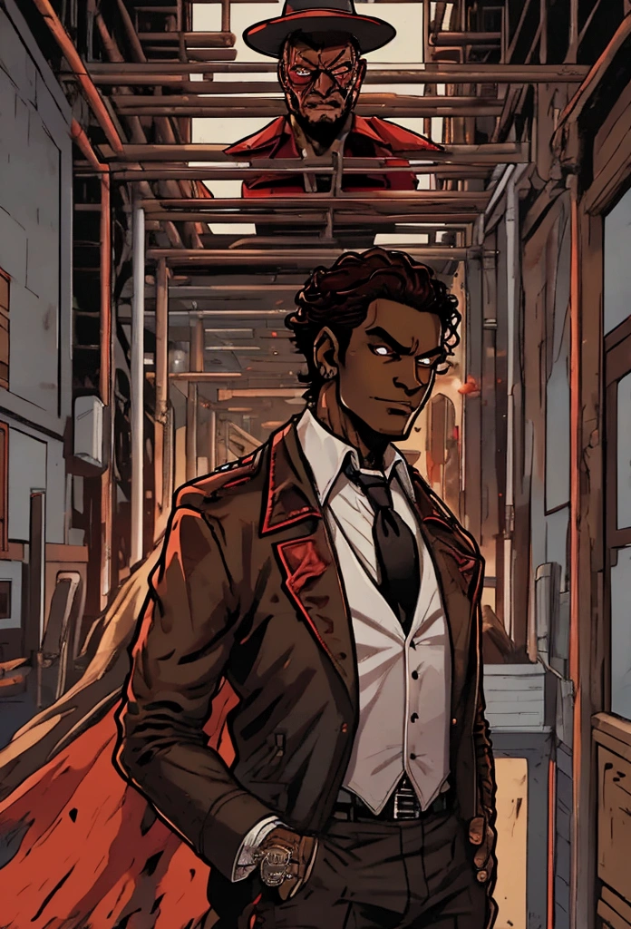 anime dark skin gambler with red eyes holding a card in his left hand. He wears phantom theif style clothing such as fancy trenchcoat, black fedora, beige shirt with black tie underneath an red vest, smug expression, smirking (((brown:1.3, red:1.3,black:1.2, white:1.2))), short curly hair, faded haircut