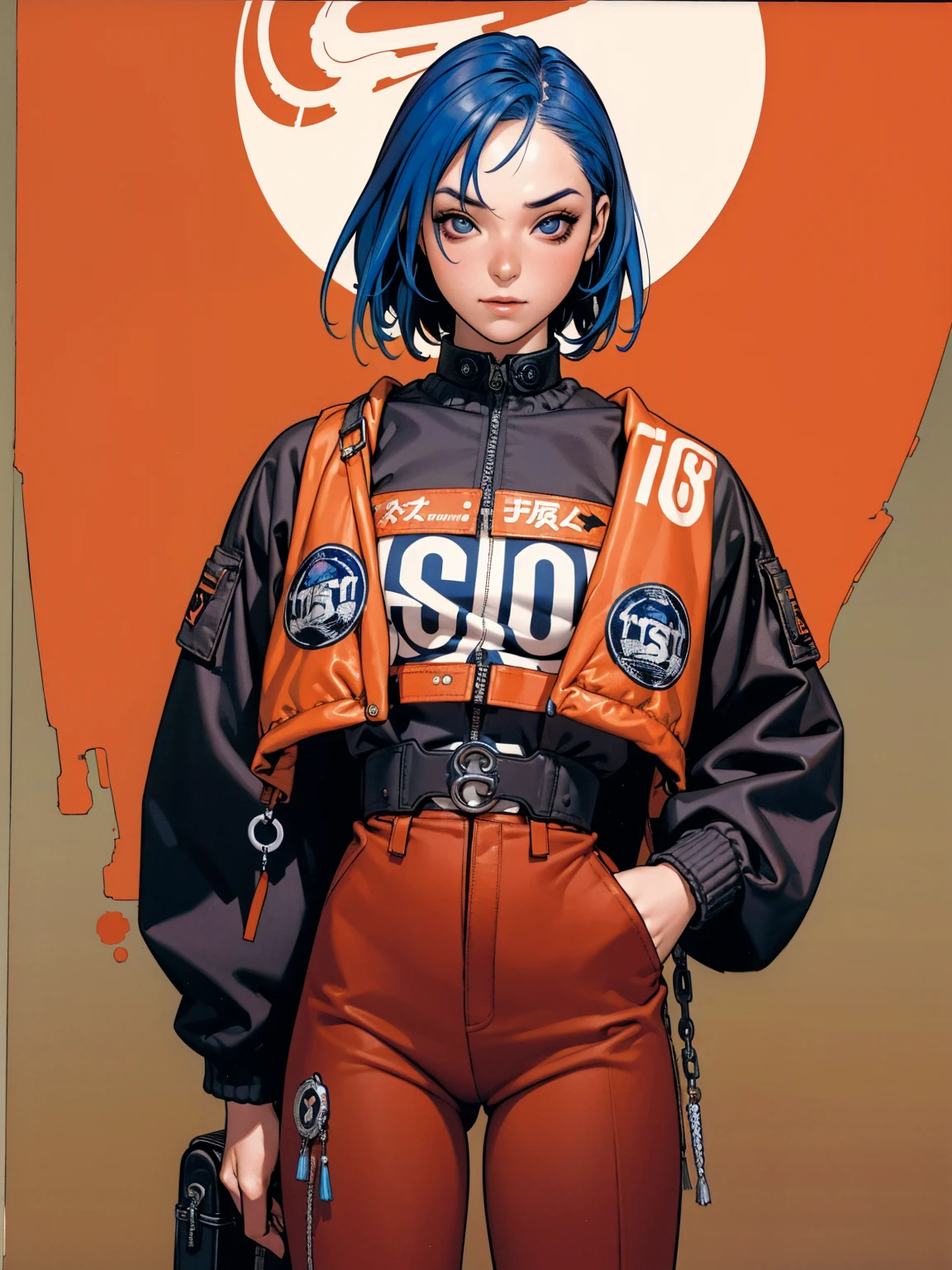 (best qualityer))), (((manga strokes))), (((blue hair with red highlights))), (((baggy pants with bone print))), uma Kizi jovem muito bem vestida com roupas modernas de inverno, pants with military camouflage pattern, top gift vertical stripes, short jacket with dark fur collar, beautiful and expressive face, slightly-smile, big eyes with long black eyelashes, heavy make-up, chains and zippers spread across clothes, contrasting colours, pose de atitude, hair with a modern and futuristic cut, urban game poster art, dramatic camera angles, graffiti art elements in the background, design mixing contemporary and retro by Shepard Fairey, (((cowboy shot))), (((best qualityer: 1.4))), (Unbeatable masterpiece), (hiper HD),(CG 8k hyper-realistic), Kizi, (((standing alone))), pirralha violent, (((14歳))), sexly, pose de atitude, work of art, post-apocalypse, (((manga style))), bounty hunter, violent, Manic, the way you want, slenderbody, thin but strong, perfectbody, roupa moderna, advanced technology, neon, sleeves with vertical striped pattern, neutral background, (( cowboy shot )). intricate visual