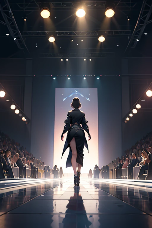 Runway,masterpiece, One girl,stage,fashion show、 Very soft lighting, Symmetric, complicated, grace, Attention to detail, realism, art, concept art,