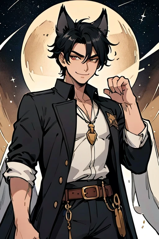 Perfect face. Perfect hands. A black haired male cowboy with golden eyes and black fox ears and a black fox tail in a sheriff's outfit is watching the stars in a wild west town with a big smile