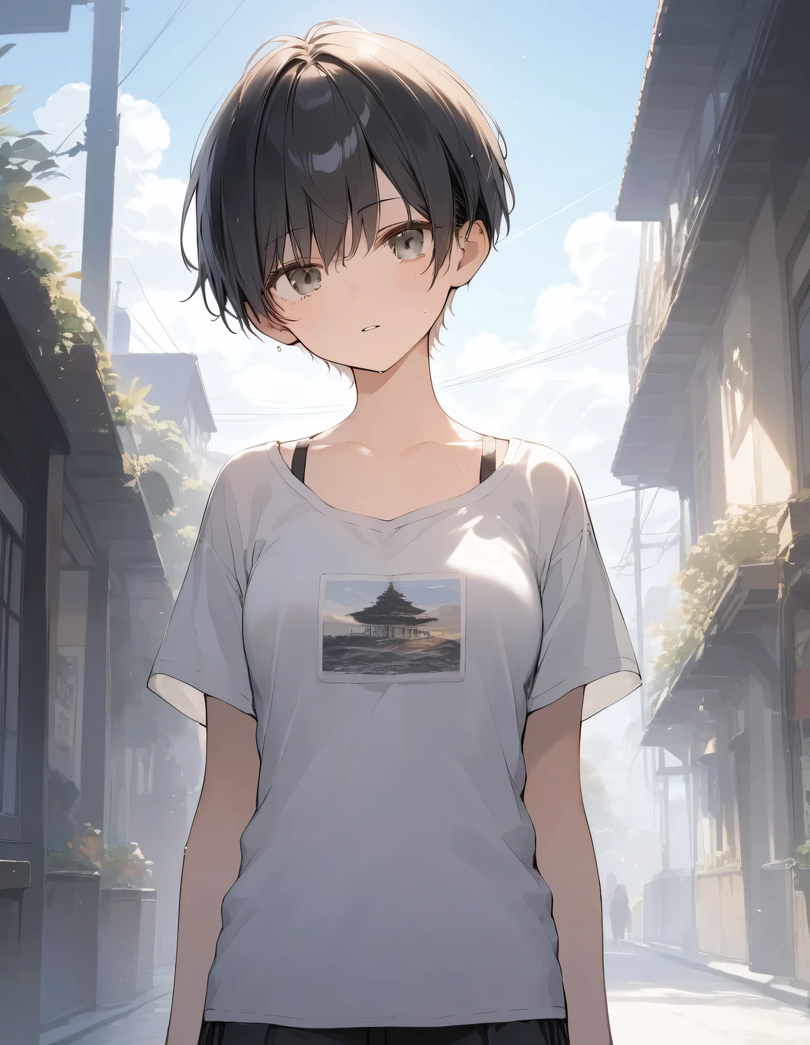 score_9, score_8_up, score_7_up, source_anime, best quality, masterpiece, official art, absurdres, highres, ultra-detailed,waifu2x,Collection: Slice of Life,break,1girl, tomboy, very short hair, pixie cut, breasts, groin, open eyes, beautiful detailed eyes, expressionless, sweat, parted lips, sleepily, outdoors, break,(clear line illustration:1.2), super detailed skin,very high resolution, very aesthetic, Best sexual lighting powered by famous artist, 8k,cute picture,beauty illustration,photoshop_(medium),,(Detailed Lighting),best anime 8k konachan wallpaper, pixiv contest winner,