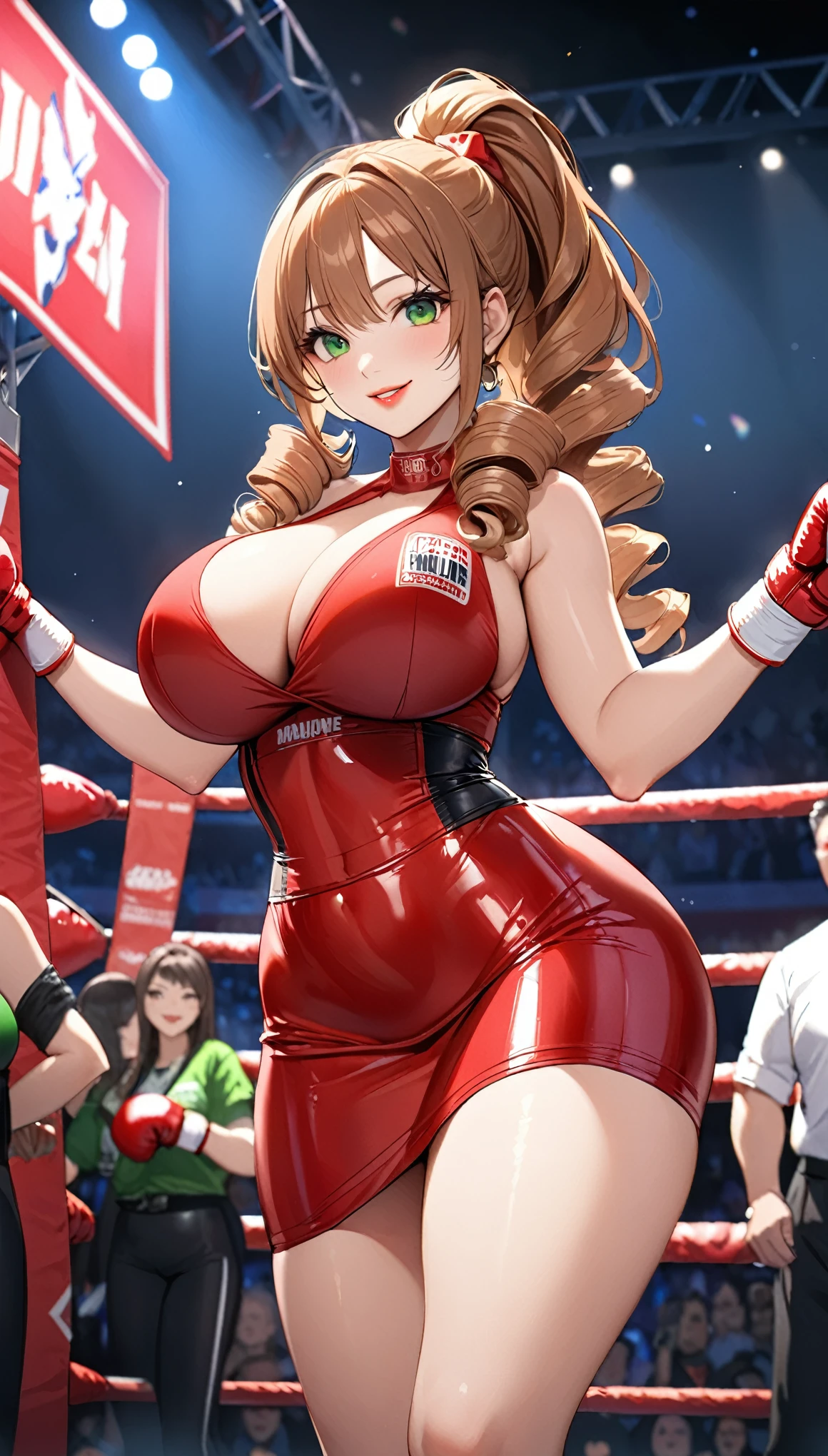 1 girl in red holding a large sign high in the ring at a boxing event with both hands, 1girl, brown hair, skirt, 独奏, smile, (Highest quality,4K,8k,High resolution,masterpiece:1.2),Very detailed,32-year-old woman、(((Mature Woman))), (((Mature Woman))), Best Bust、Large Breasts, Beautiful Eyes、Orange Hair、Moss green eyes、Red lips, ((ponytail)), (Drill Hair), ((amount)),  Very cute face, Glossy Lips, Double eyelids on both eyes,Natural smile、Tight waist、Sexy ass、Natural Makeup, Long eyelashes, Shiny and smooth hair、whole body、Shallow depth of field