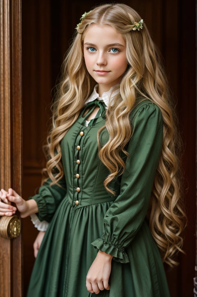 young blonde, Long wavy hair Green eyes with honey highlights Victorian era dress