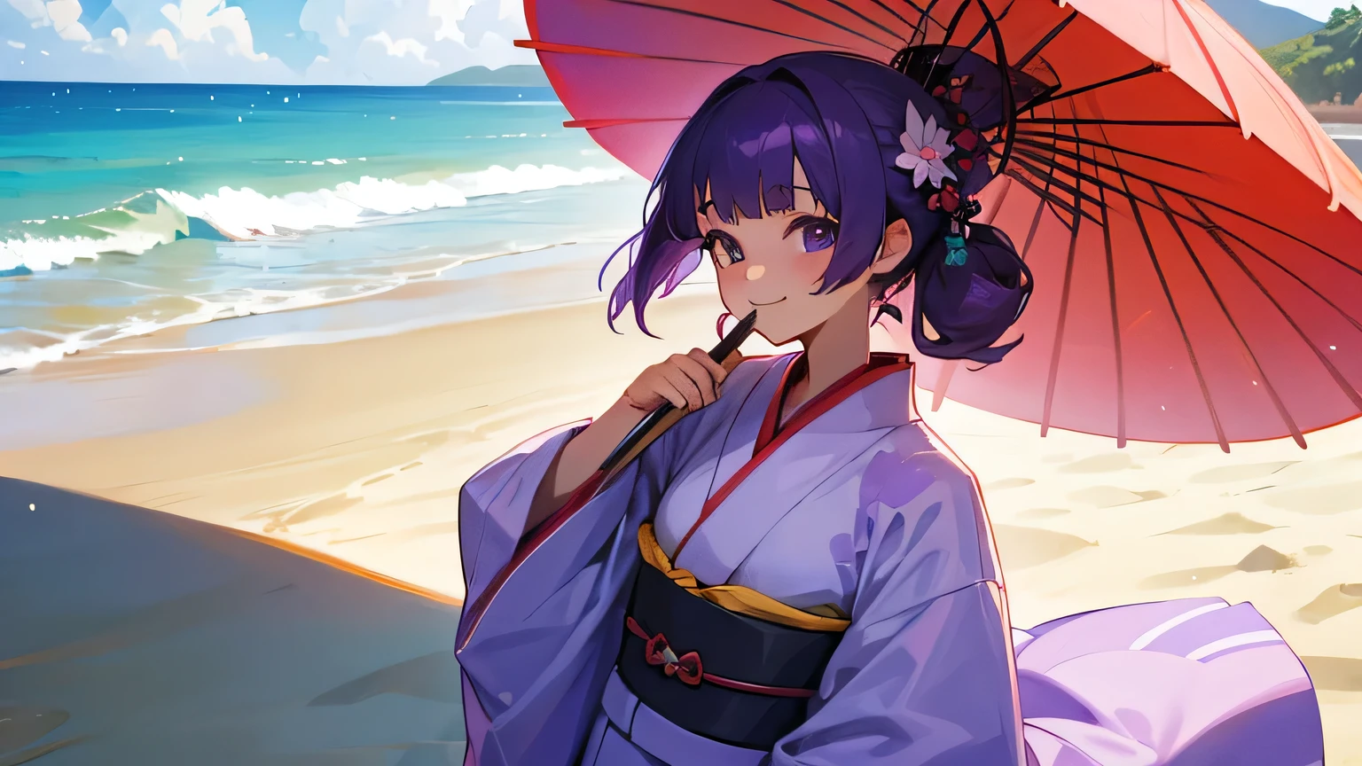 summer, beach, kimono, purple hair, smile, japanese girl