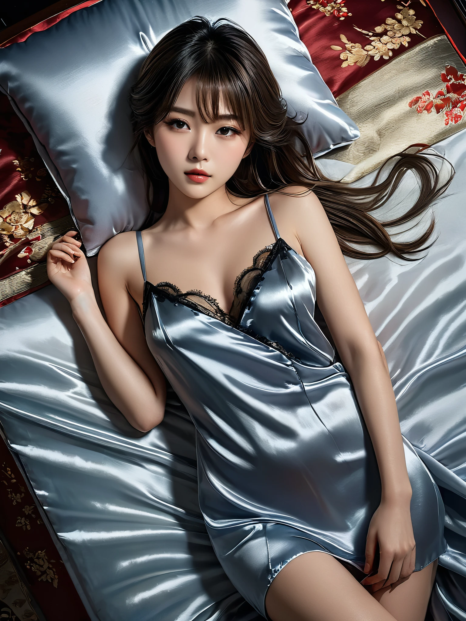 masterpiece, 1 woman per 1photo, full body shot, composition looking subject down from above, a Japanese young pretty woman, hyper pretty face, 18 years old, shoulder length hair, sleeping on a silk bed, opening mouth widely, wearing only a sleeveless silky satin gray chemise with black laces, busty, wet body, glossy lips, glamorous figure, lying on her back and spreading legs on the silk bed, silk pillow, silk bed sheets, double eyelids in both eyes, natural makeup, long eyelashes, shiny smooth light brown hair, asymmetrical bangs, fair skin, central image, 8K resolution, high detail, detailed hairstyle, detailed face, spectacular cinematic lighting, octane rendering, vibrant, hyper realistic, perfect limbs, perfect anatomy