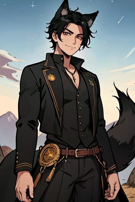 Perfect face. Perfect hands. A black haired male cowboy with golden eyes and black fox ears and a black fox tail in a sheriff's outfit is watching the stars in a wild west town with a big smile