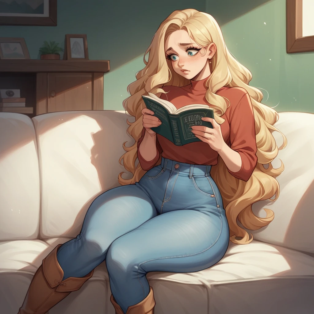 Beautiful woman 25 years old, not very high, long curly light blonde hair, Thin waist, big tits, well-shaped and large hips. She wears a top and jeans and long boots, sitting on her sofa, she is worried reading some invoices, House