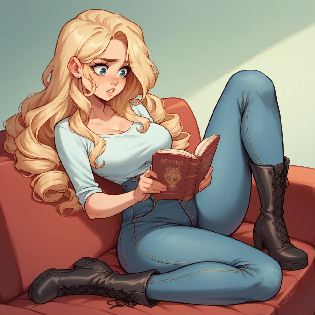 Beautiful woman 25 years old, not very high, long curly light blonde hair, Thin waist, big tits, well-shaped and large hips. She wears a top and jeans and long boots, sitting on her sofa, she is worried reading some invoices, House