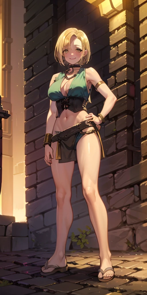 masterpiece, best quality, full body, barefoot, solo (female Android 18 lustful smirking smiling, smile face, red blushed, red cheeks) yellow bikini, hands on waist, navel, metal shoulders, gold sleeveless armbands, black leather choker collar, shackles bracelets, pauldrons, breastplate, leather corset, eye focus, full body, whole body, loincloth standing, hands on hips, metal sandals, backpack, twin big belt, view from below, feet together, bracers, tiara