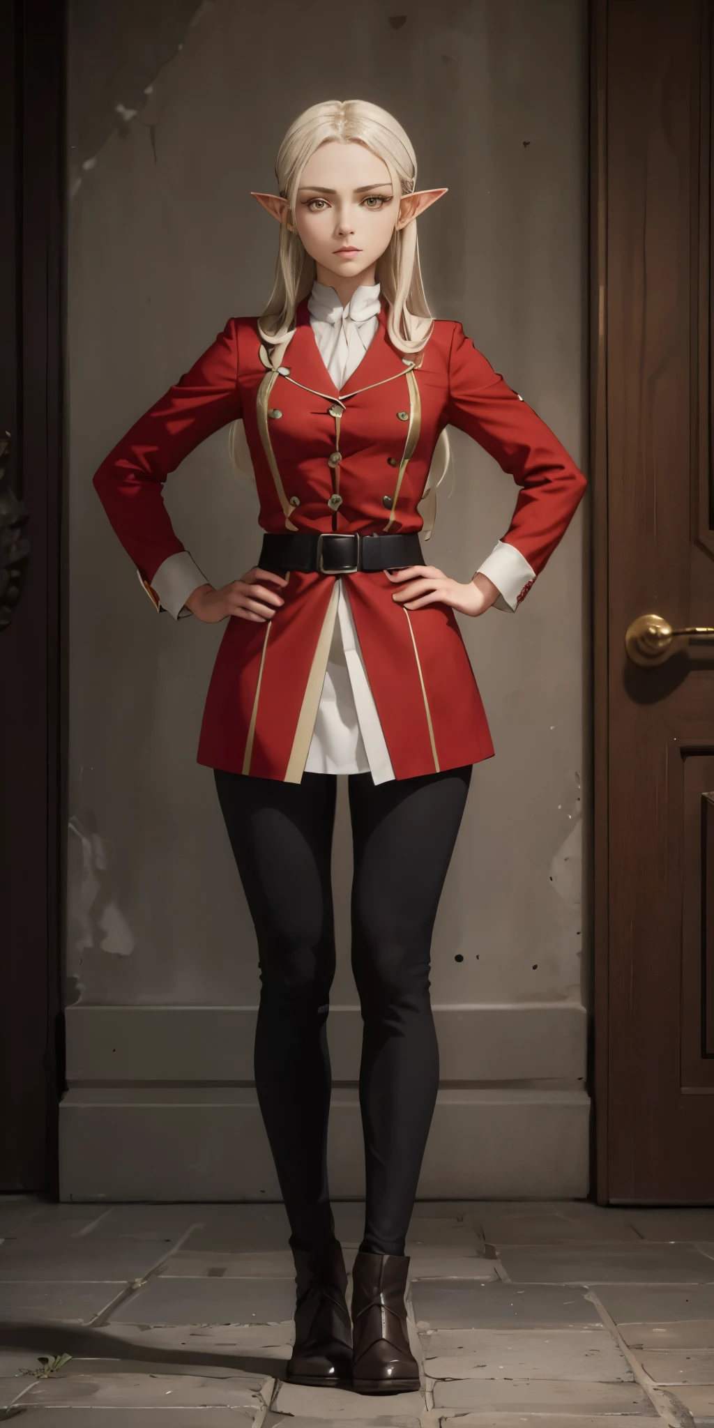 masterpiece, best quality, high quality, Erwin, elf, long hair, white hair, yellow eyes (1solofemale full body standing straight symmetrical, hands on hips)
