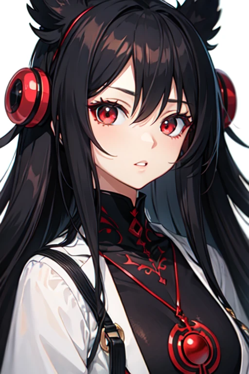 Anime style human girl with red eyes Scarlet Black hair With  White 