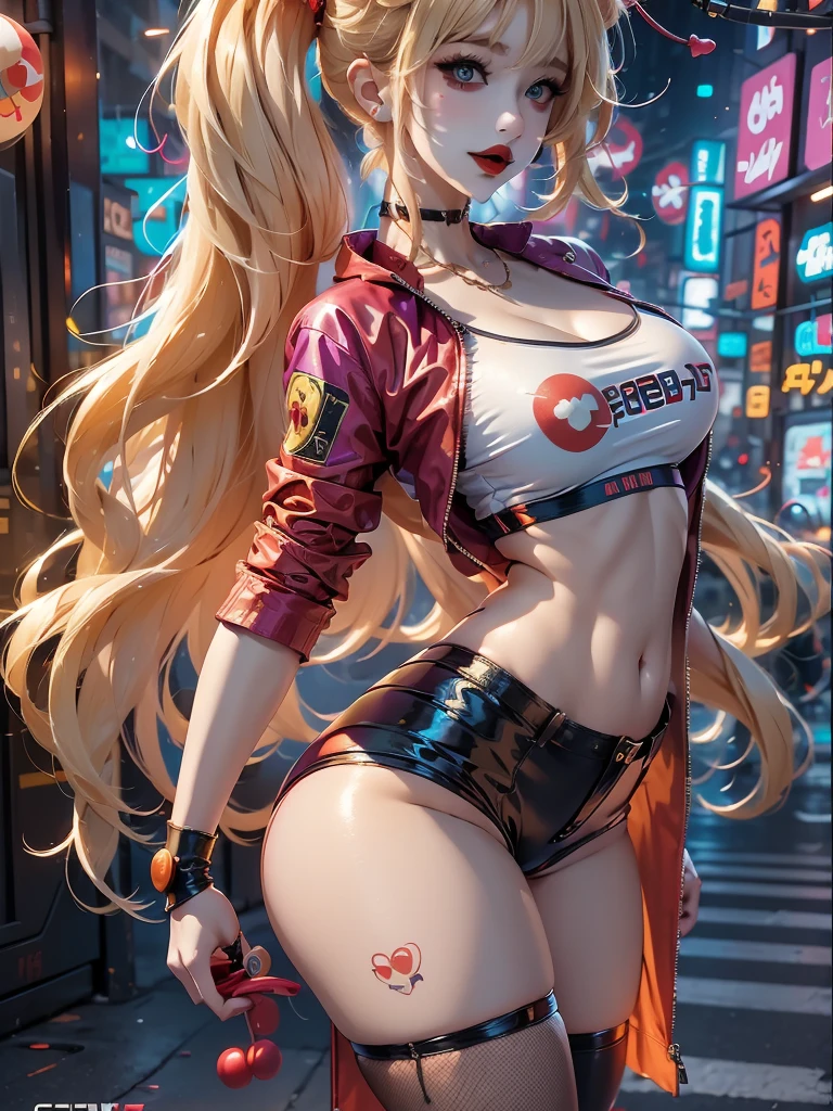 Blonde, perfect, ((super sexy clown cosplay showing her butt)), t-shirt, jacket, shorts, fishnet stockings, cyberpunk city, RAW quality