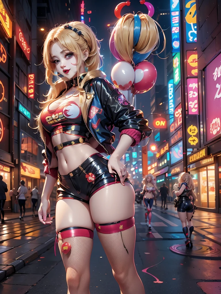 Blonde, perfect, ((super sexy clown cosplay showing her butt)), t-shirt, jacket, shorts, fishnet stockings, cyberpunk city, RAW quality